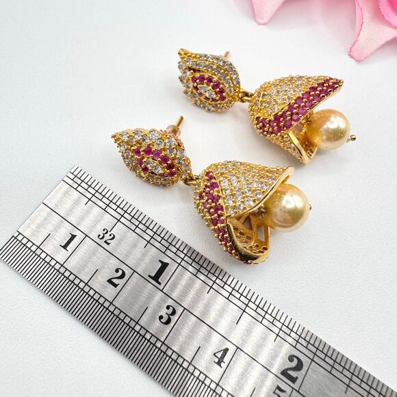 Jeweled Jhumka Drop Earrings Bell Chime Sound India Wedding CZ Ruby? Occasion - Picture 8 of 11